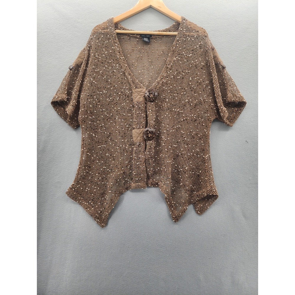 Katie Todd Brown Open Knit Crochet Cardigan Boho Mesh Sharkbite Hem Button Top M